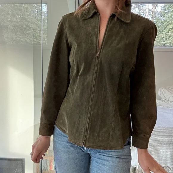 100% suede Jones New York Olive Leather Jacket - Picture 2 of 10